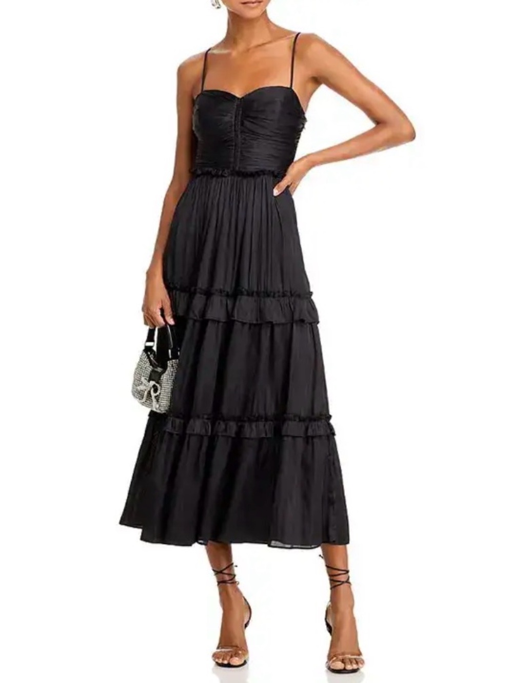 Aqua Ruched Ruffled Midi Dress - Black